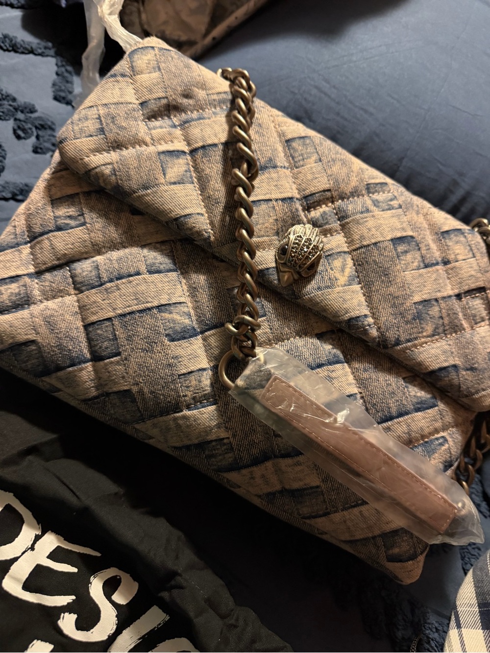 Quilted Woven Crossbody Bag in Beige and Blue (large )